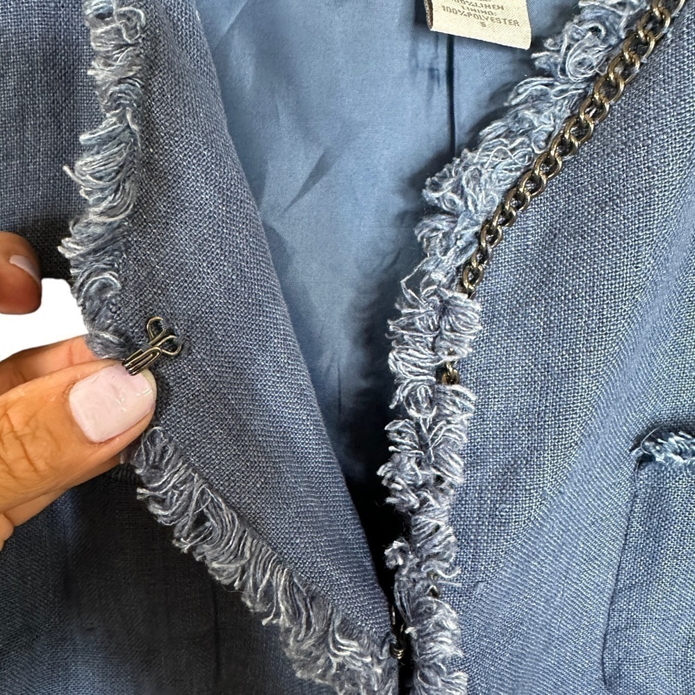 SOFT Surroundings Blue Linen Chain and Raw Fringe Hem Jacket Women’s Size Small - Picture 10 of 13
